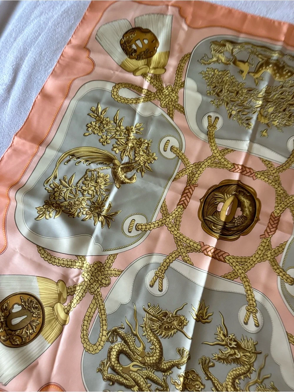 Hermes Peach and Gold Silk Scarf with Ornate Dragon Panels - Picture 8 of 16